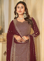 Thumbnail for Mesmeric Maroon Faux Georgette Palazzo Suit with Embroidery - Emponline - Distacart