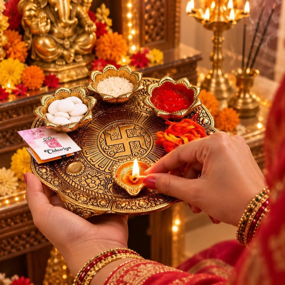 Chhariya Crafts Metal Pooja Thali With Diya - Dista