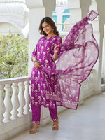 Thumbnail for The52 Wine Women's Beautiful Cotton Blend Fabric Printed Work Straight Kurta, Pant and Dupatta Set - Distacart