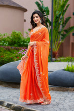 Thumbnail for Vastranavya Orange Embroidery Work Shimmer Chiffon Saree with Unstitched Blouse