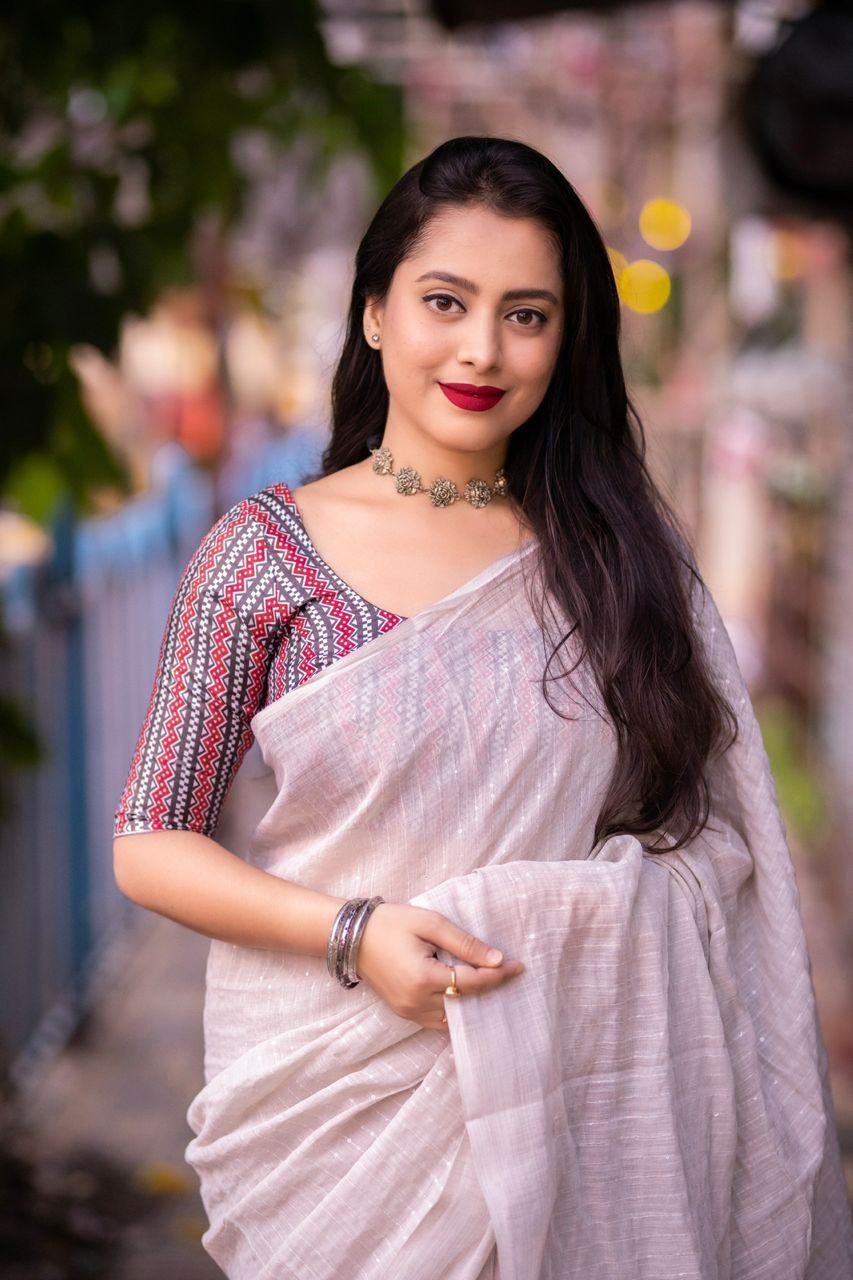 Grey Linen Sequence Saree with Unstitched Blouse - Hiral Fashion - Distacart