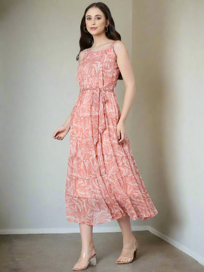 Souchii Peach Floral Fit & Flare Maxi - Dista