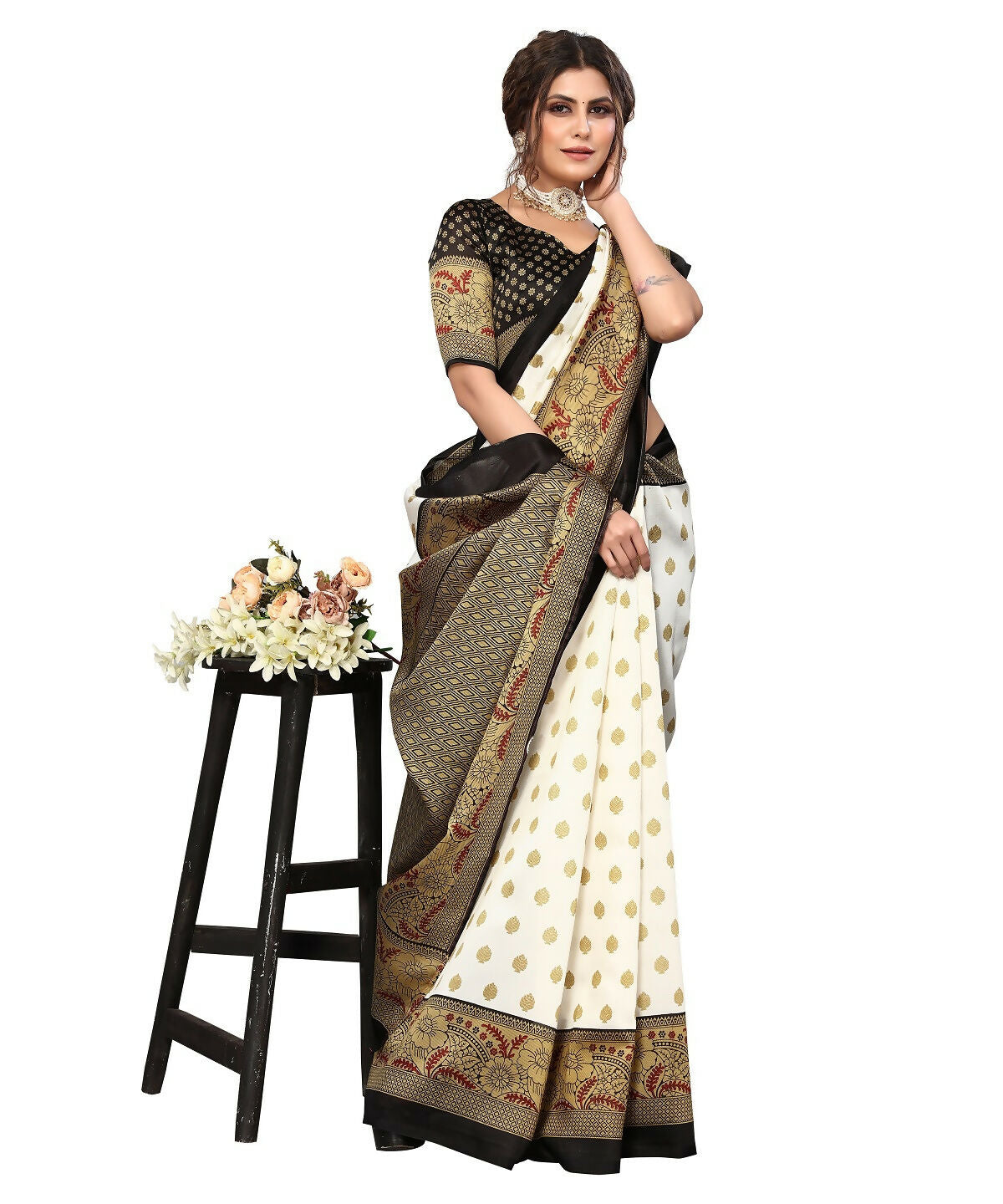 Vamika white & black Printed Art Silk Saree - Distacart