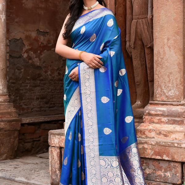 Joban Fashion Blue Banarasi Katan Pure Handloom Banarasi Silk Saree