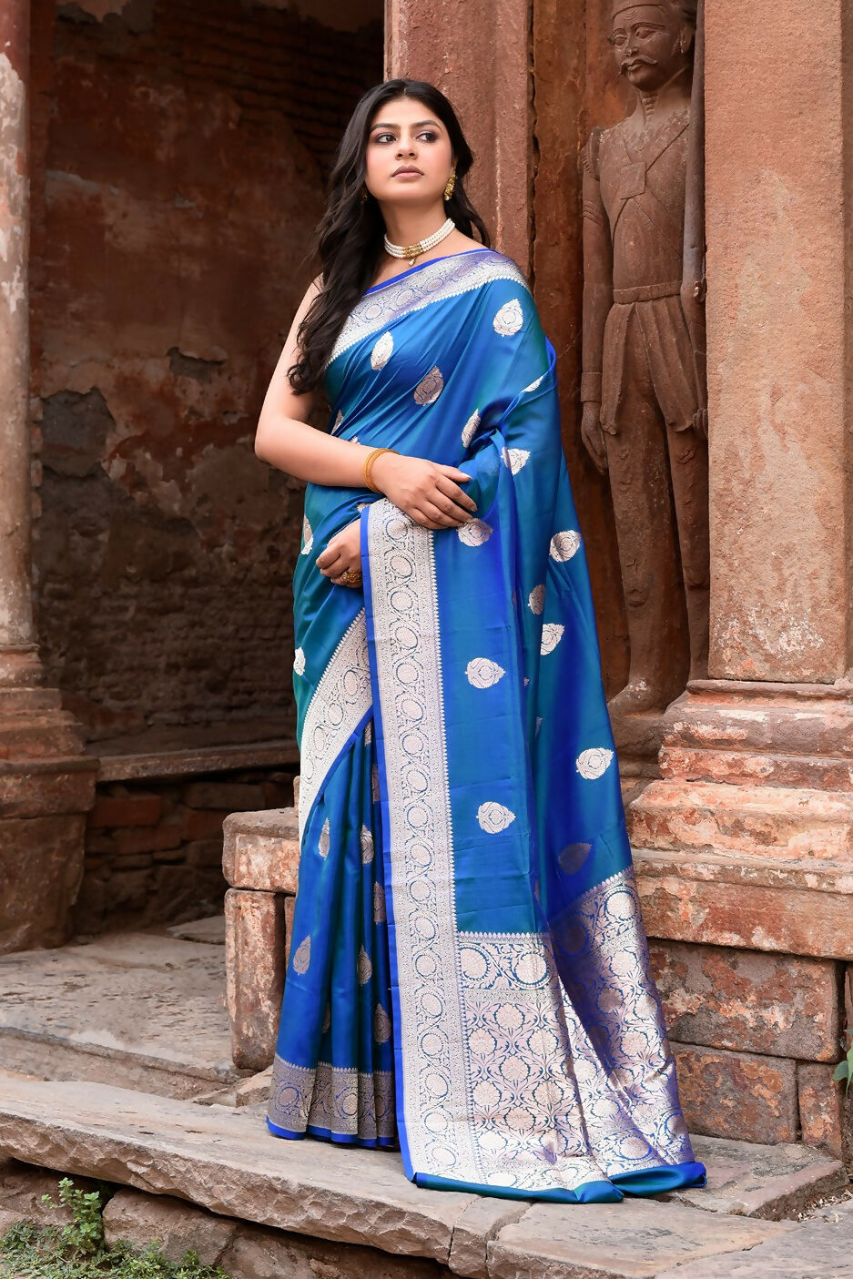 Joban Fashion Blue Banarasi Katan Pure Handloom Banarasi Silk Saree - Dista