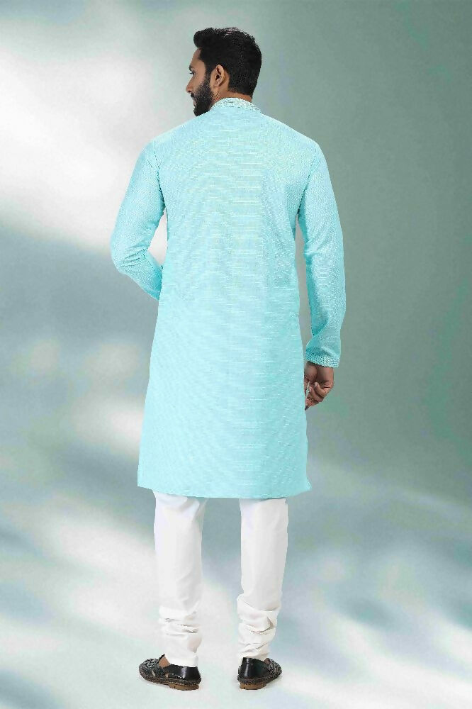 Raivat Ethnic Linen Cotton Pintux Work Kurta Pajama In Sky Blue Colour - Dista