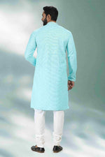Thumbnail for Raivat Ethnic Linen Cotton Pintux Work Kurta Pajama In Sky Blue Colour - Dista