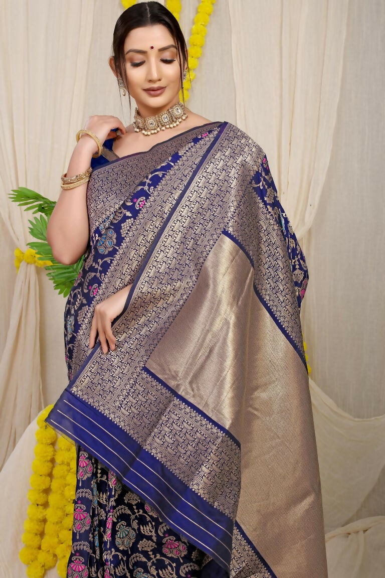 Jyoti Fashion Women's Navy Blue Kanjivaram Silk Zari Woven Saree with Blouse - Distacart