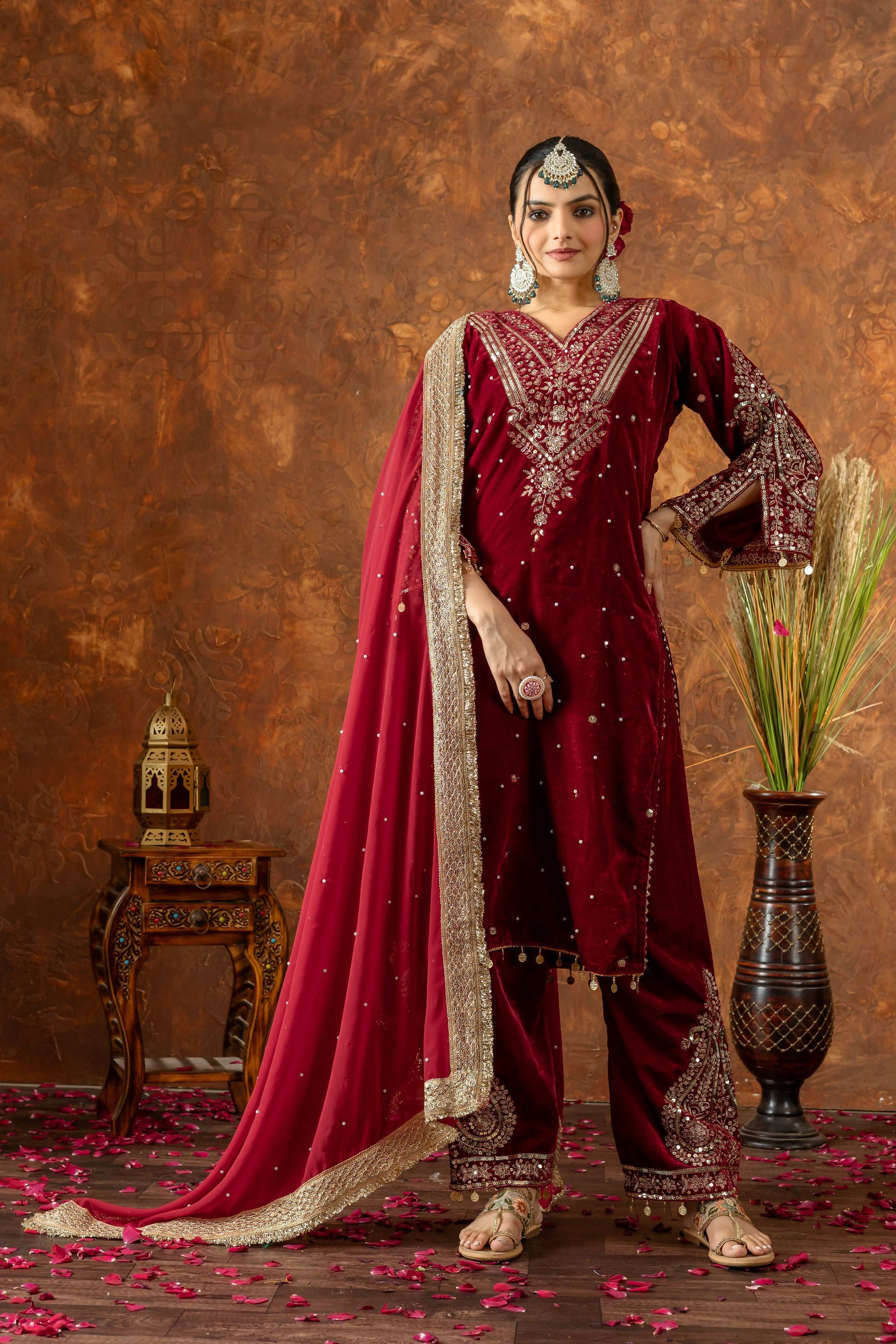 Teeya Creation Red Color Velvet Silk Embroidery Work Party Wear Suit - Distacart