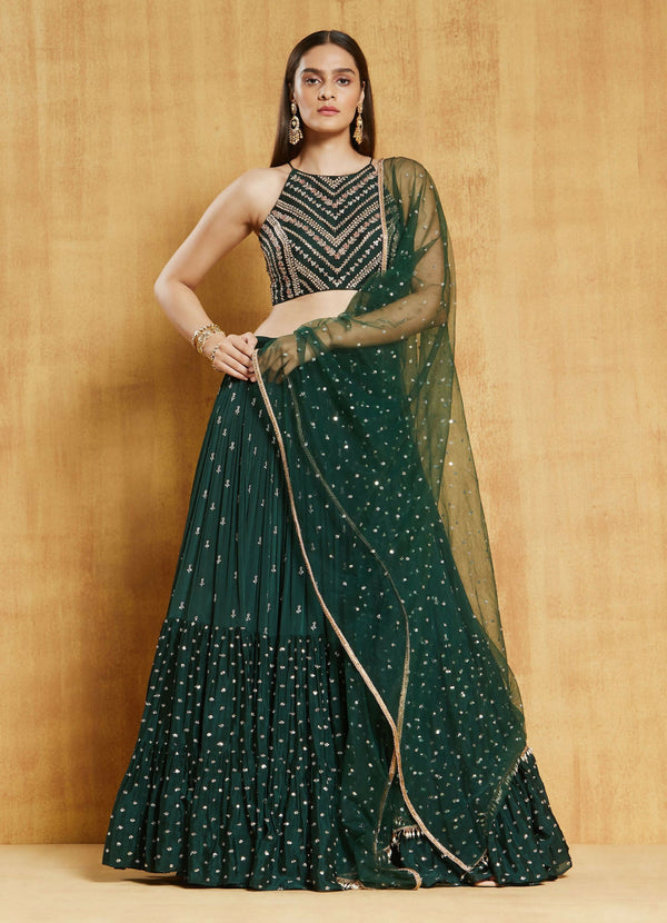 Jyoti Fashion Bottle Green Sequence Embroidery Georgette Designer Lehenga Choli with Dupatta - Distacart