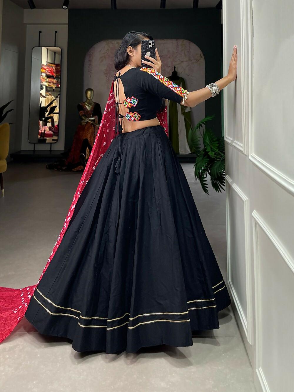 Vastranavya Navaratri Special Pure Cotton Plain With Gotta Patti Touch Up Lehenga Stitched Choli - Black - Distacart