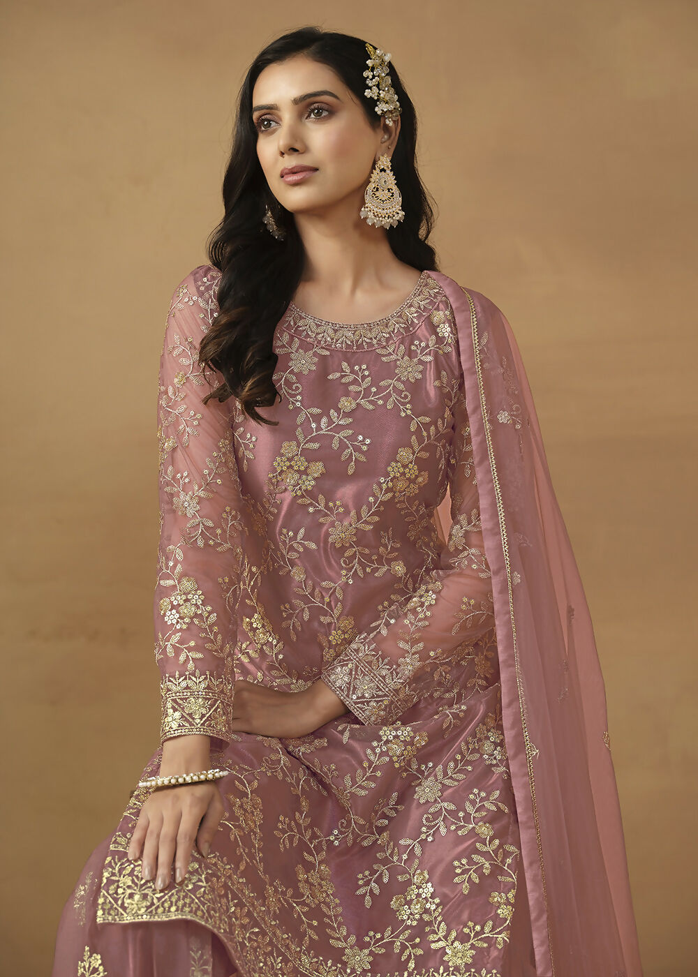 Old Rose Net Embroidered Wedding Festive Gharara Suit - Emponline - Distacart