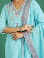 Thumbnail for Sangria Embroidered Cotton Kurta With Trousers & Dupatta - Distacart