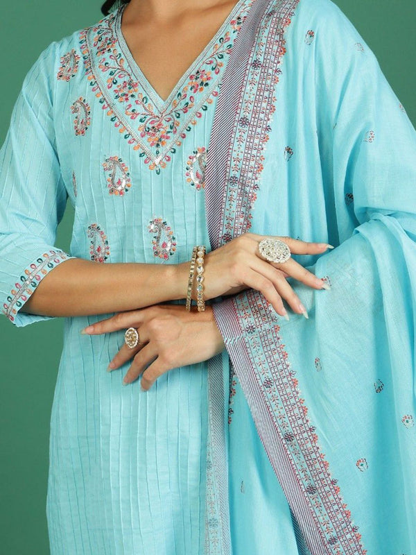Sangria Embroidered Cotton Kurta With Trousers & Dupatta - Distacart