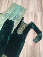Thumbnail for Vastranavya Green Velvet With Rich Sequins & Zari Embroidered Work Top-Bottom With Dupatta - Distacart