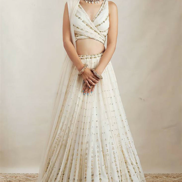 Jyoti Fashion Graceful Off White Sequence With Zari Embroidered Georgette Lehenga Choli with Dupatta - Distacart