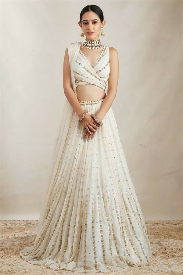 Jyoti Fashion Graceful Off White Sequence With Zari Embroidered Georgette Lehenga Choli with Dupatta - Distacart