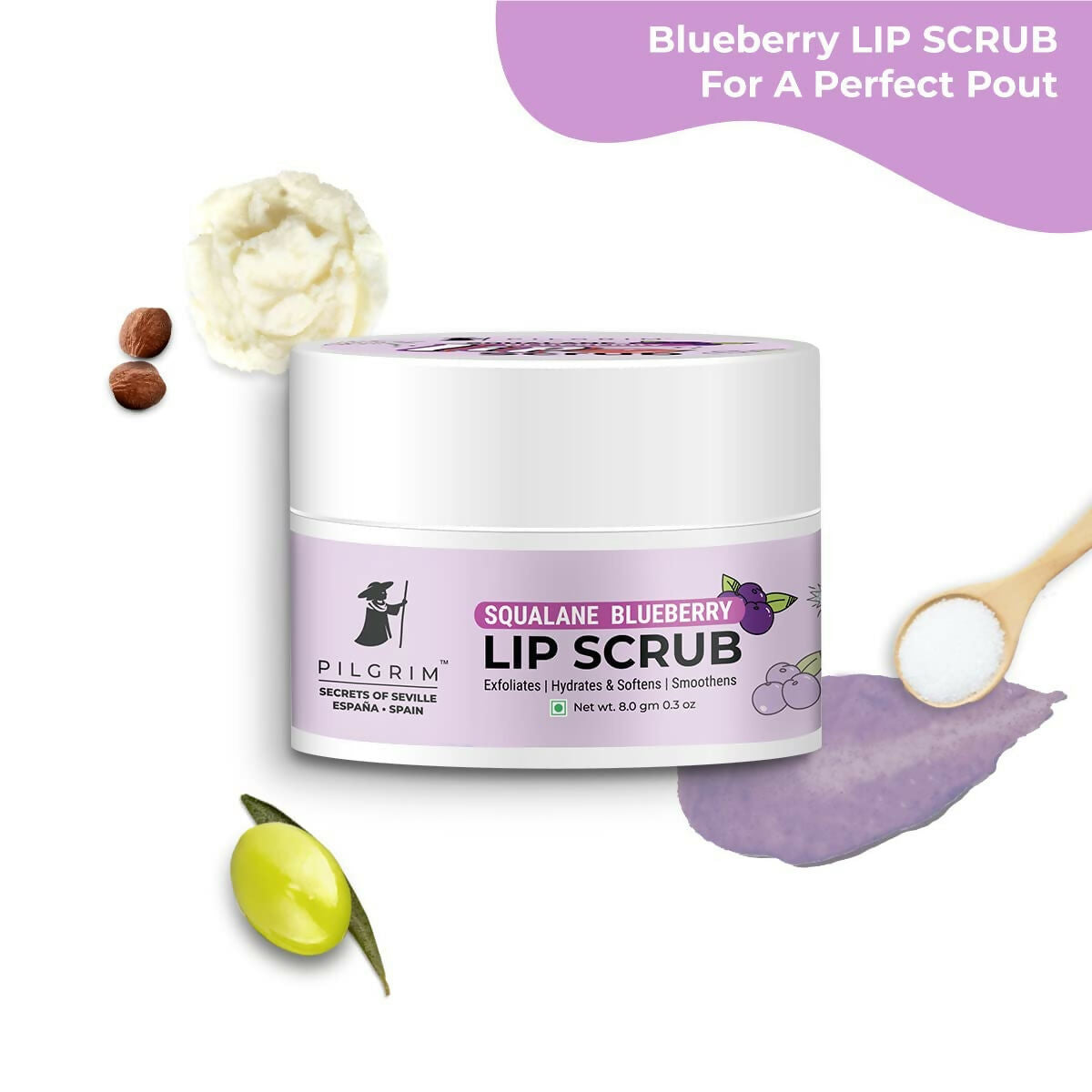 Pilgrim Spanish Lip Scrub (Blueberry) For Dark Lips, Gentle Exfoliation, Hydrated, Smooth & Soft Lips - Distacart
