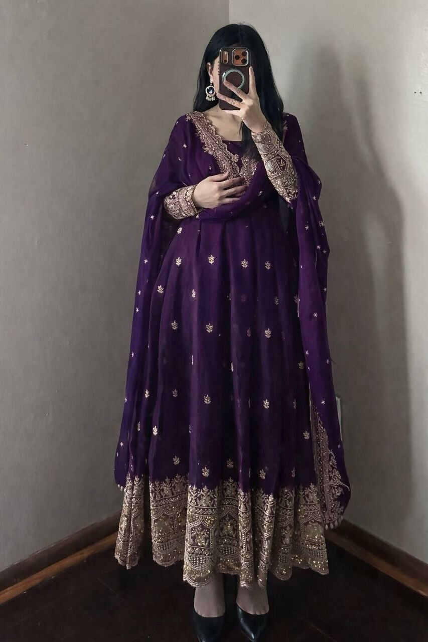 Teeya Creation Purple Fendi Silk Designer Heavy Work Wedding Wear Long Gown - Distacart