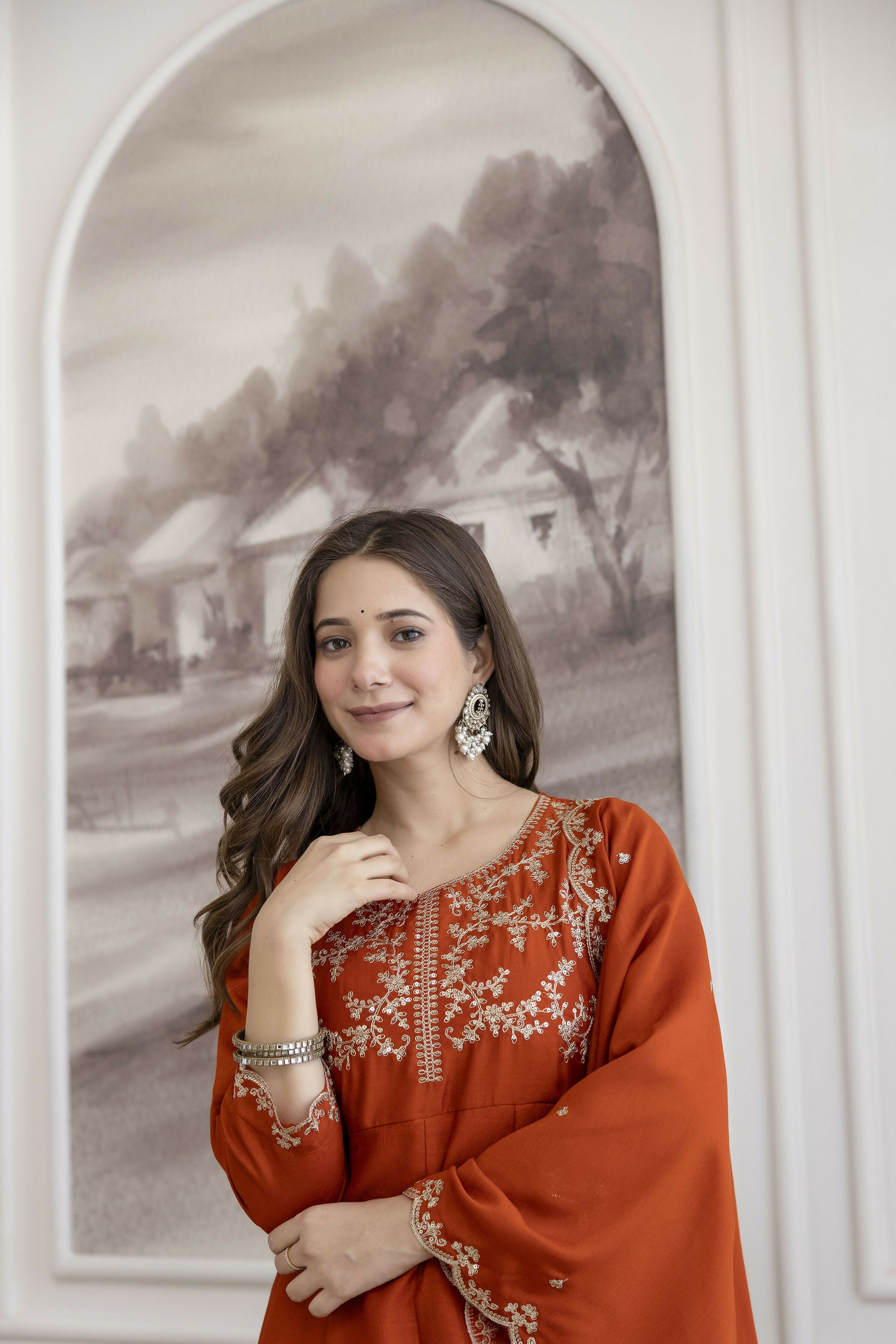 The52 Orange Women's Beautiful Vichitra Silk Fabric Embroidered Work Flared Anarkali Pant and Dupatta Set