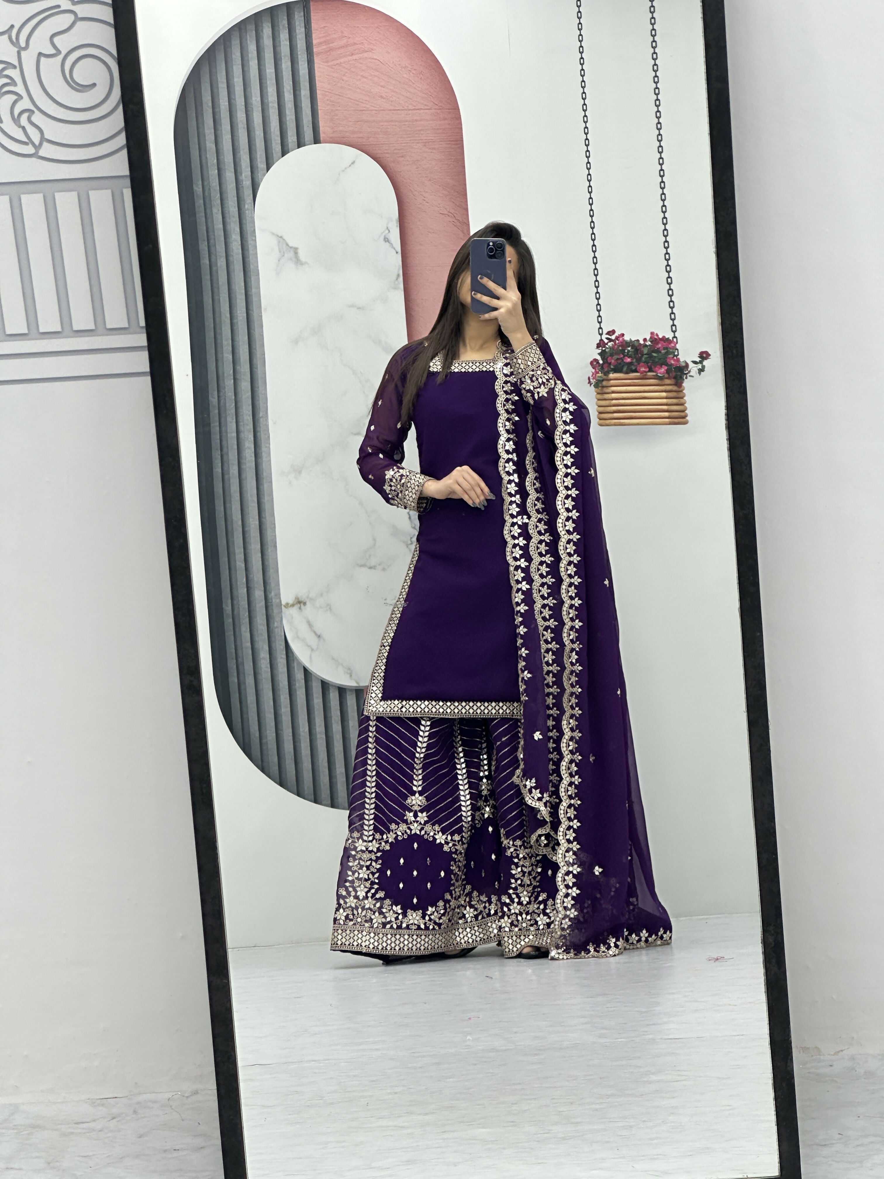 Teeya Creation Womens New Heavy Fox Georgette Fabric With Heavy Embroidery Work Purple Kurta Set - Dista