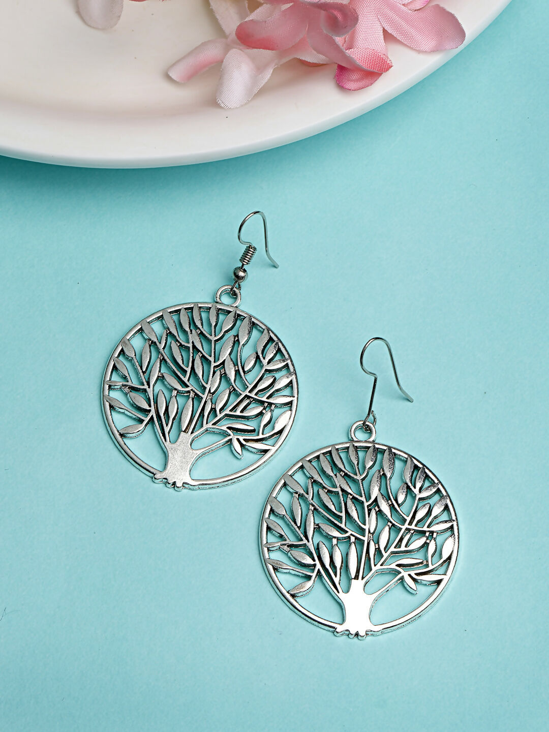 NVR Women's Silver-Toned Circular Shape German Silver Oxidised Drop Earrings - Distacart