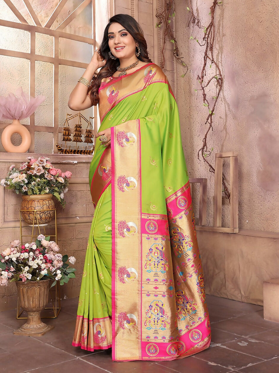 Joban Fashion Paithani Light Green Woven Soft Silk Saree