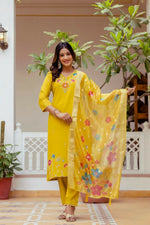 Thumbnail for The52 Yellow Women's Gorgeous Embroidered work Viscose Gadhwal Fabric Straight Kurta, Pant and Dupatta Set - Distacart