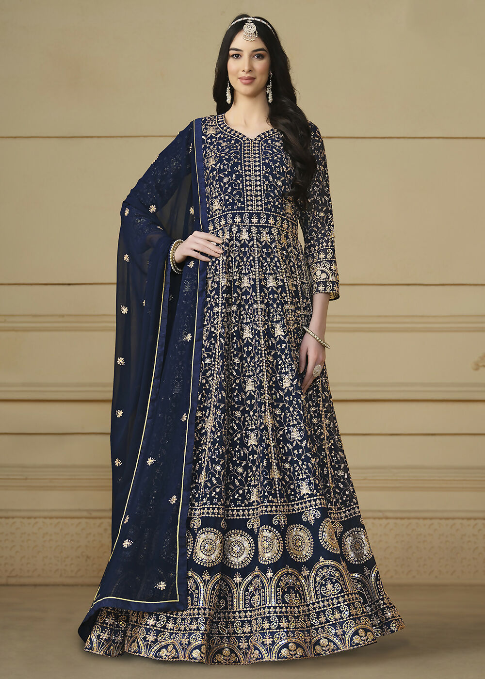 Navy Blue Embroidered Trendy Style Anarkali Suit - Emponline - Distacart