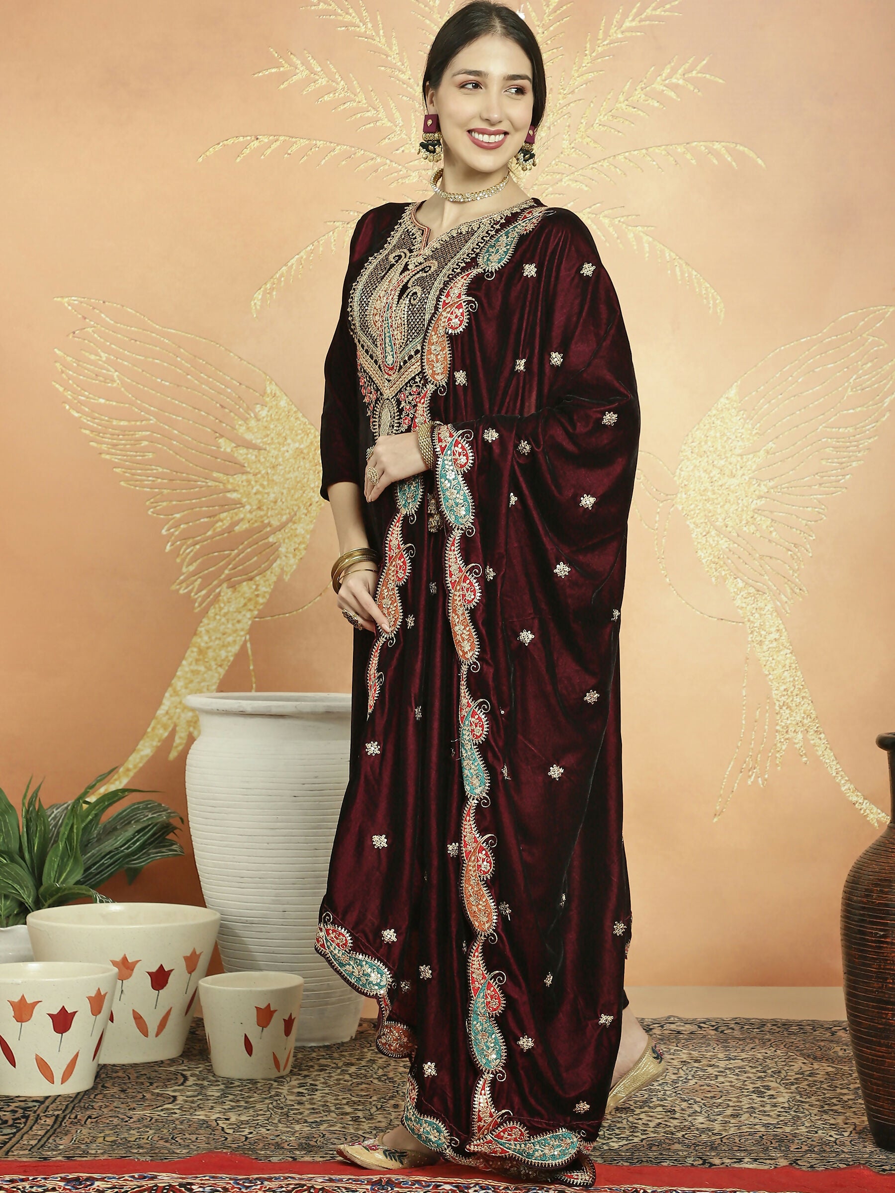 Jyoti Fashion Women's Maroon Velvet Cording with Resham Thread & Sequin Kurta with Trouser & Dupatta - Distacart