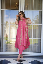 Thumbnail for The52 Peach Women's Viscose Zari Chanderi Fabric Embroidered Work Straight Kurta, Pant and Dupatta Set - Distacart