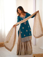 Thumbnail for Lehenga Mart Designer Sharara Suit With Kurta, Sharara, Dupatta For Women-Teal Blue - Distacart