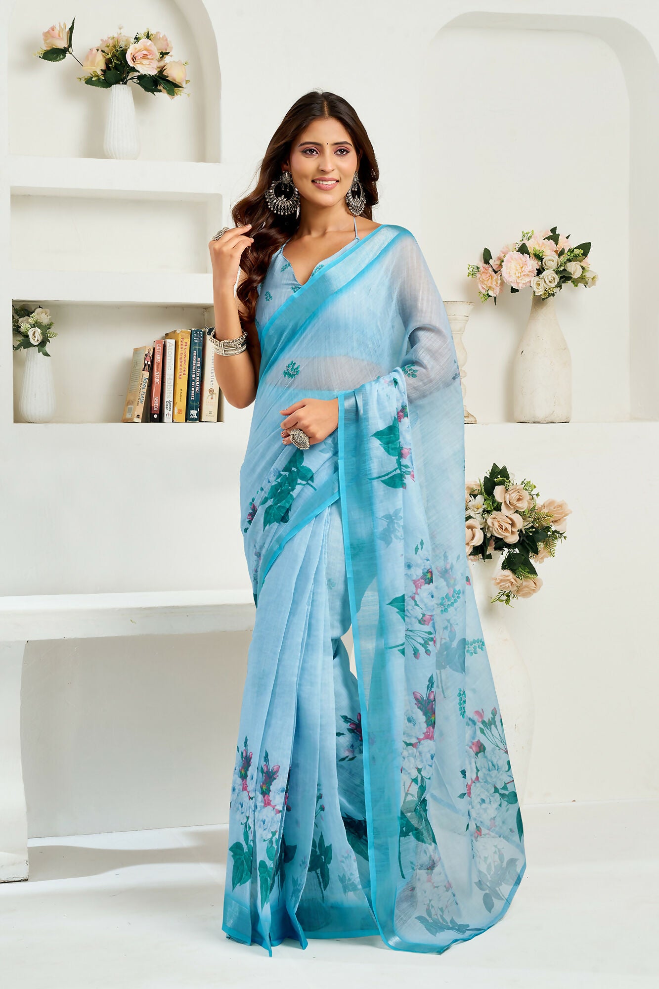 Vastranavya Sea Blue Digital Printed Linen Ready To Wear Designer Saree with Unstitched Blouse - Distacart