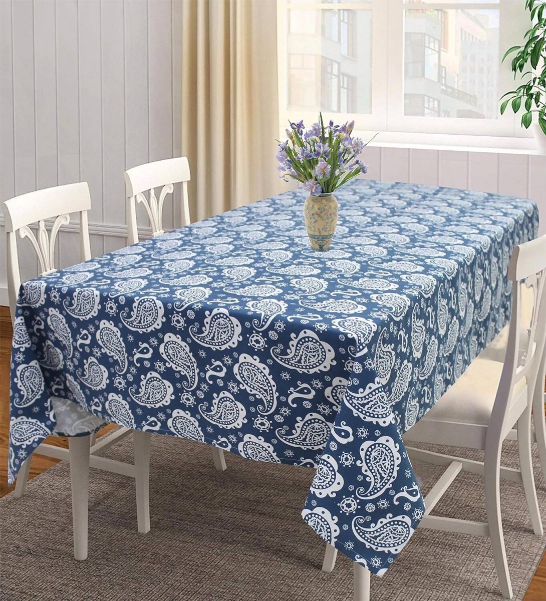 AIRWILL 100% Cotton Self Designed 4 Seater Table Cloth - Blue - Distacart