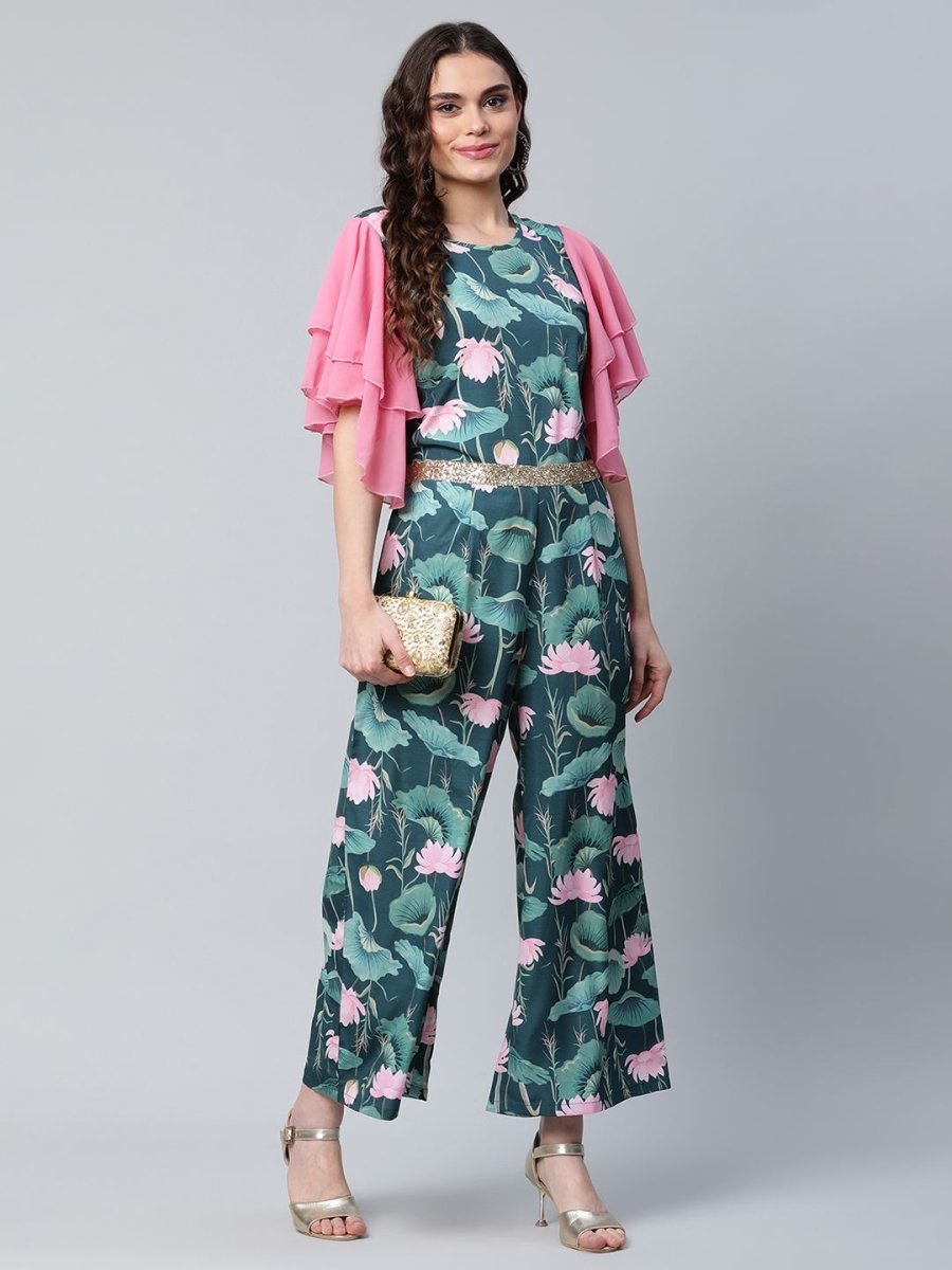 Ahalyaa Women's Dark Green Crepe Printed Jumpsuit