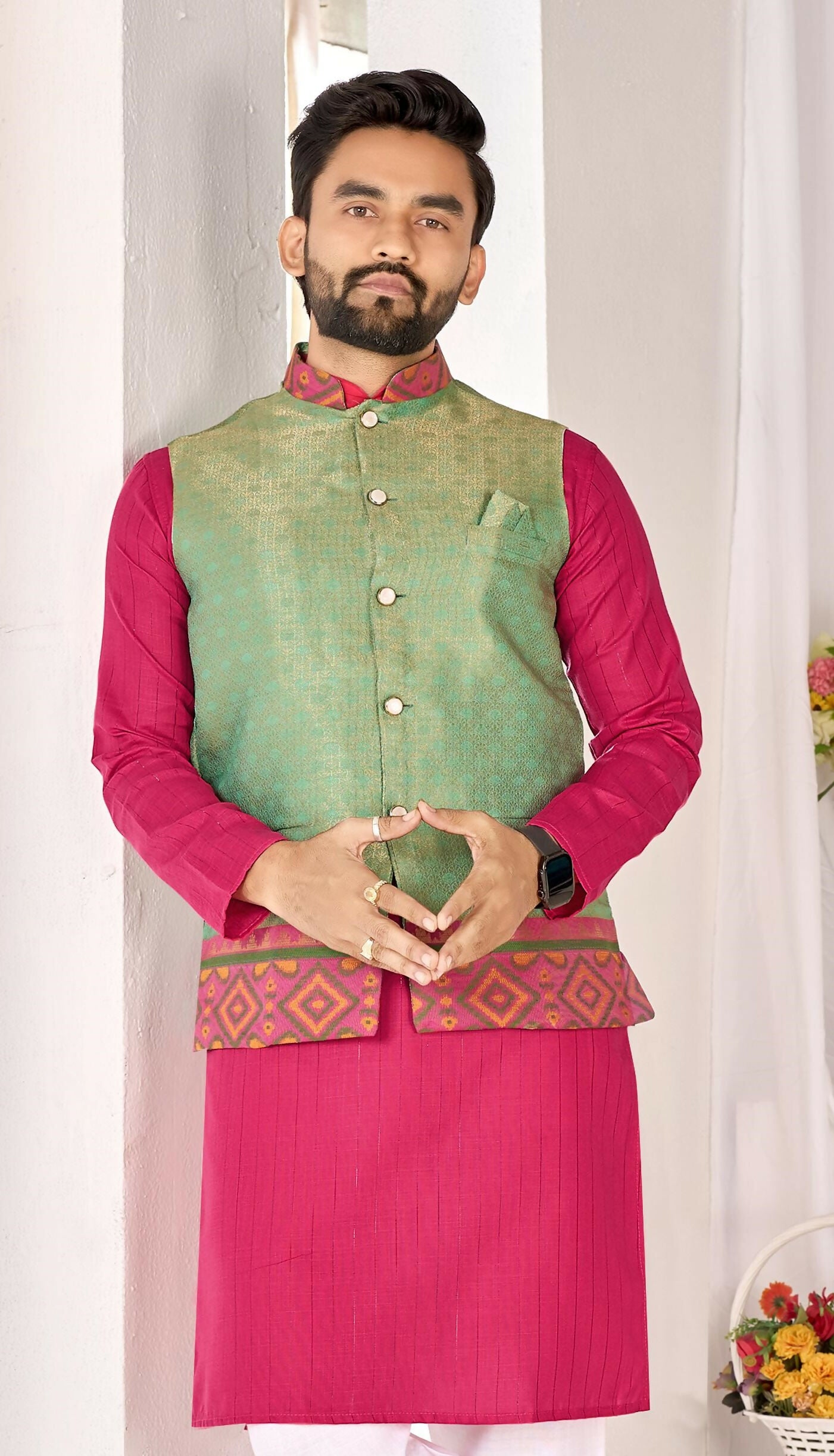 Anaita Green Cotton Straight Kurta Pajama & Koti With Jequard Work - Distacart