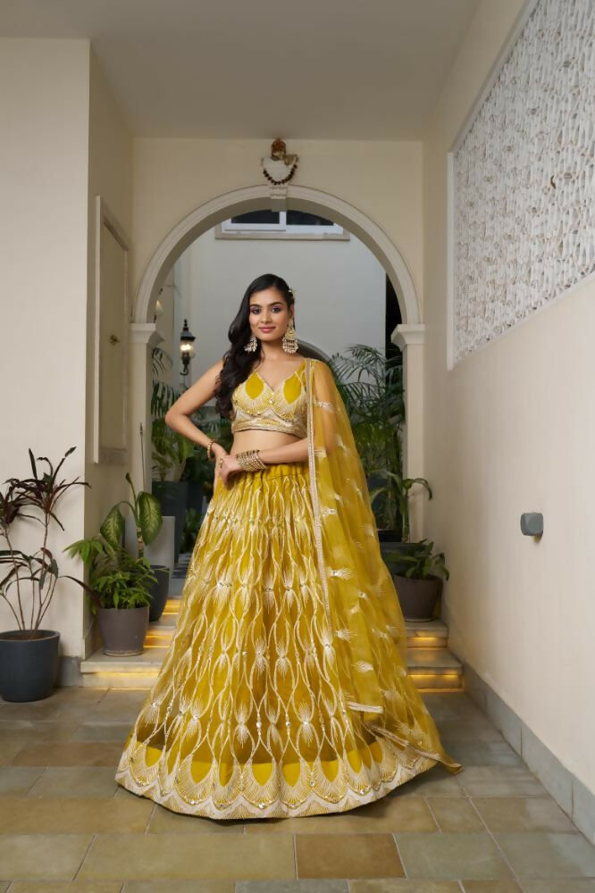 Aastha Fashion Mustard Yellow Butterfly Net White Cotton Thread Work And Sequence Work Embroidery Wedding Wear Lehenga Choli - Distacart