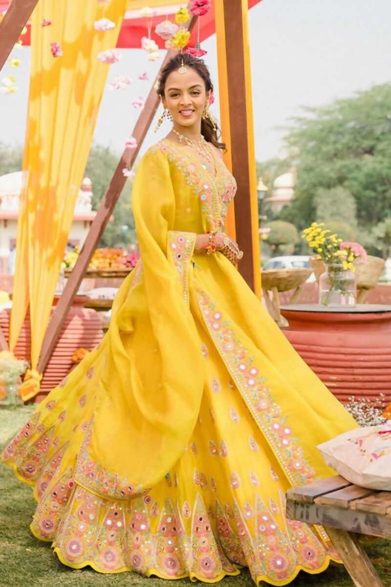 Jyoti Fashion Yellow Thread with Mirror Embroidery Georgette Lehenga Choli with Dupatta - Distacart