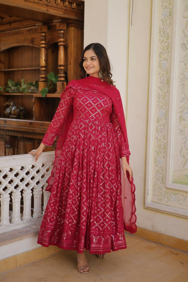 Aastha Fashion Women's Rani Pink Faux Georgette Sequins Embroidered Anarkali Dress with Dupatta - Distacart