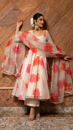 Thumbnail for Jyoti Fashion Women's Pink Heavy Chanderi Floral Digital Printed Kurta with Trouser & Dupatta - Distacart