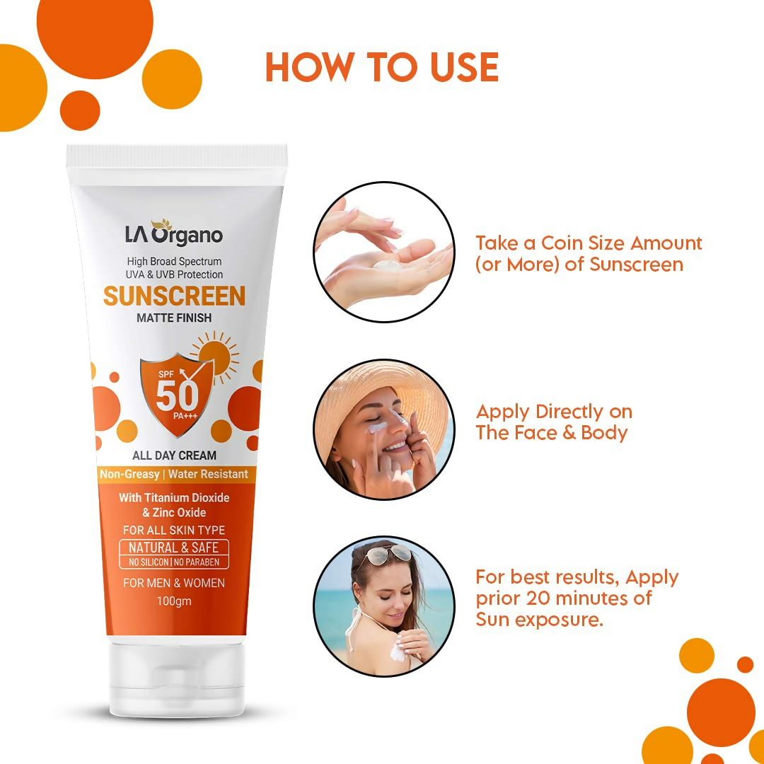 LA Organo Sunscreen Matte Finish All Day Cream SPF 50 PA+++ UVA/UVB Protection - Distacart