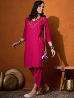 Thumbnail for Anouk Pink Floral Embroidered V-Neck Mirror Work Pure Cotton Straight Kurta & Dhoti Pant - Distacart