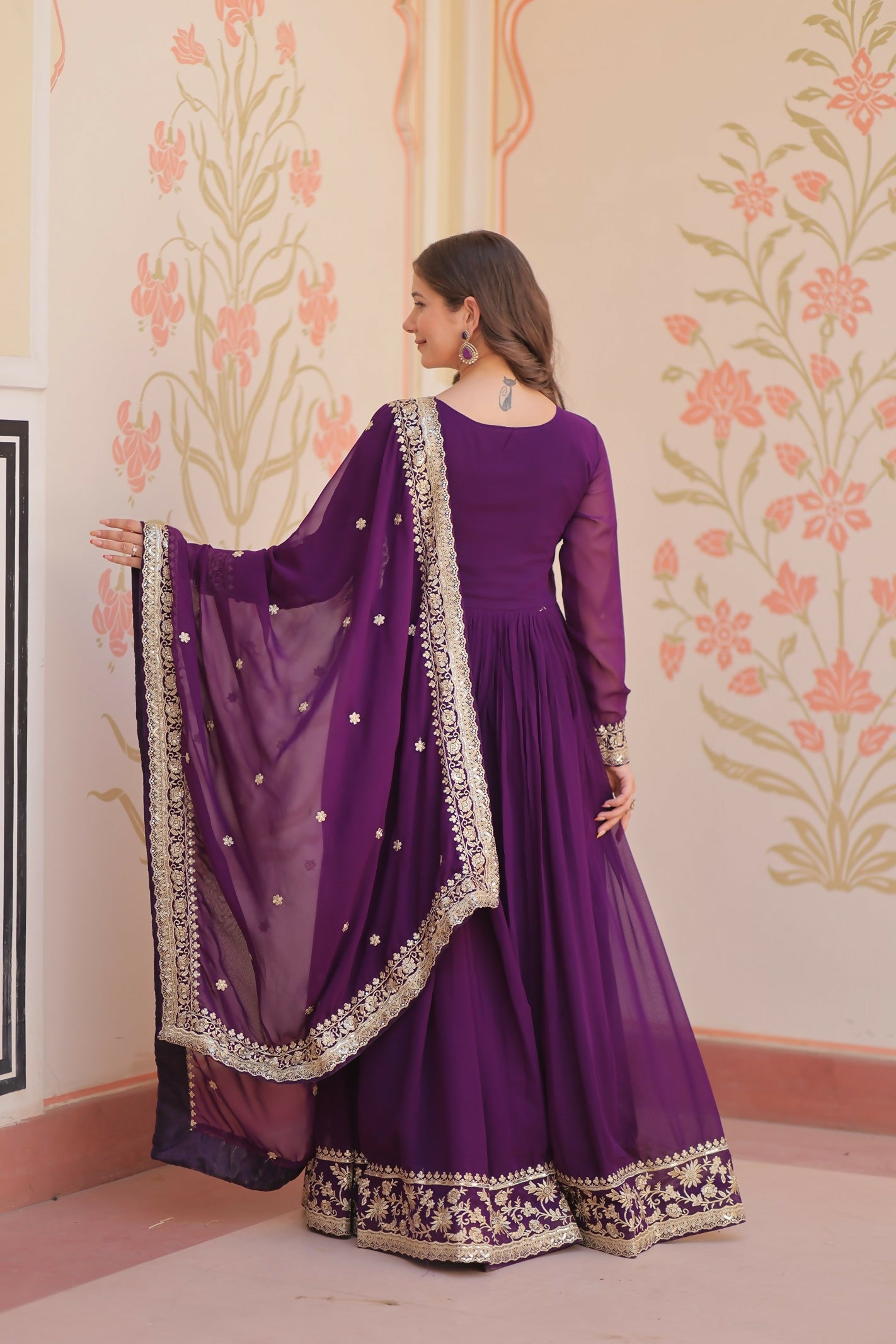 Joban Fashion Purple Georgette Sequence Embroidery Work Kurta Set