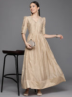 Thumbnail for Ahalyaa Women's Beige Chanderi Gold Foil Print Dress - Distacart