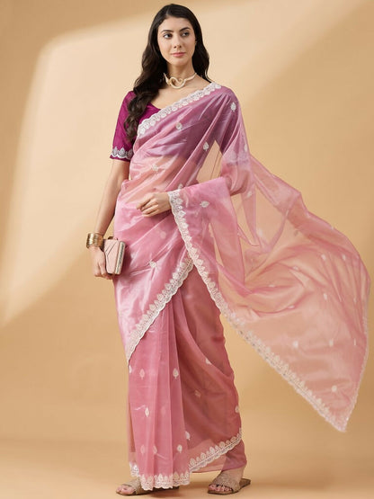 Pink Organza Sequence Embroidered Saree with Unstitched Blouse - Satya - Distacart