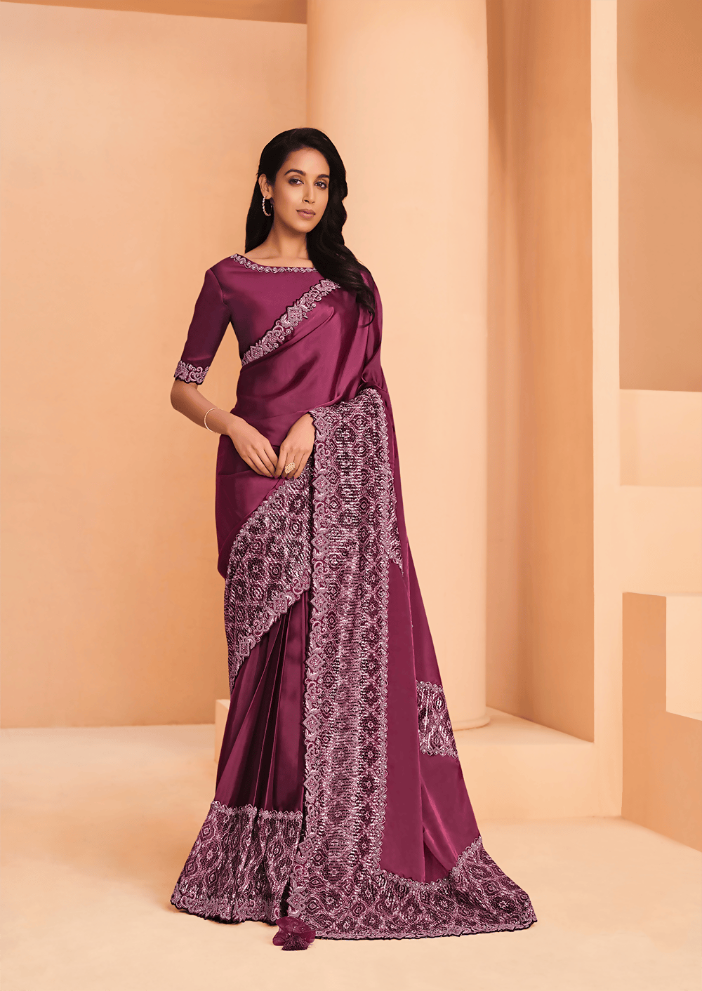 Maroon Satin Crepe Silk Embroidery with Digital Sequence Work Saree - Norita Helly - Distacart