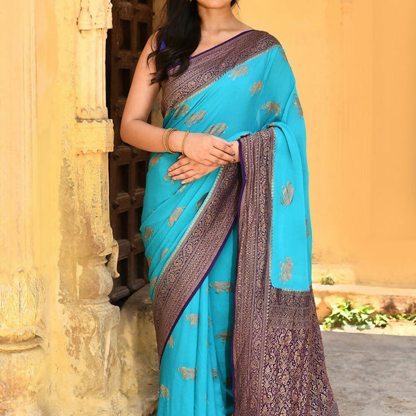 Joban Fashion Sky Blue Crepe Chiffon Pure Handloom Banarasi Silk Saree