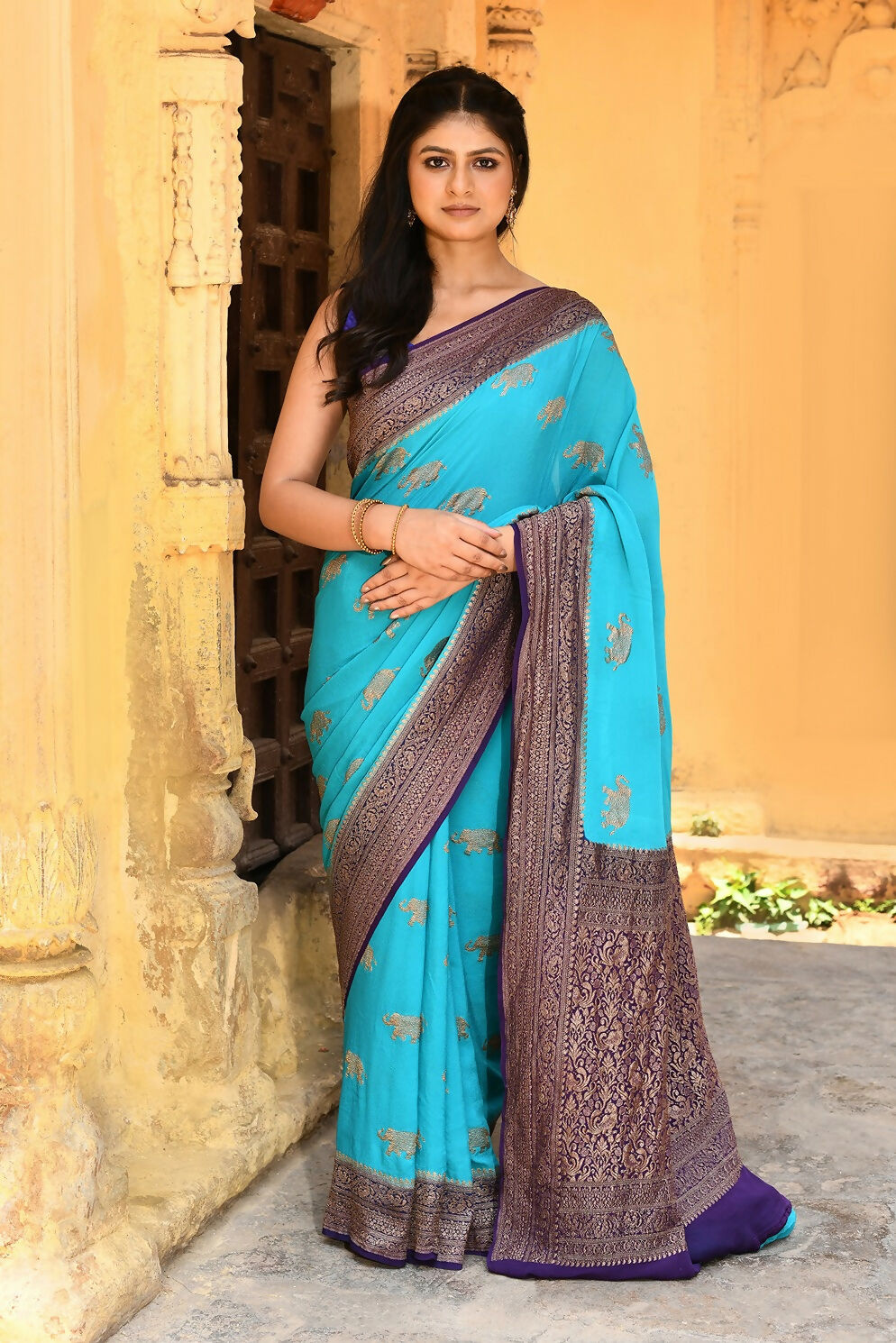 Joban Fashion Sky Blue Crepe Chiffon Pure Handloom Banarasi Silk Saree - Dista