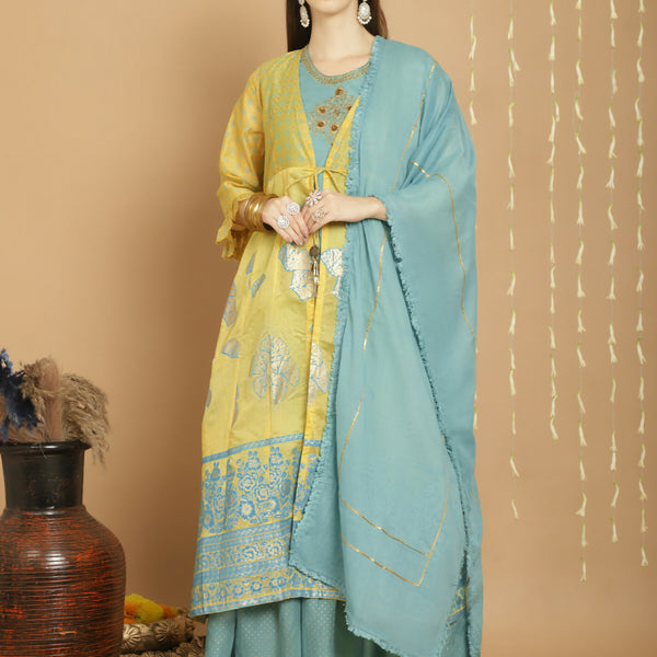 Jyoti Fashion Women's Yellow Chanderi Silk Elegant Jardoshi Kurta with Trouser & Dupatta - Distacart