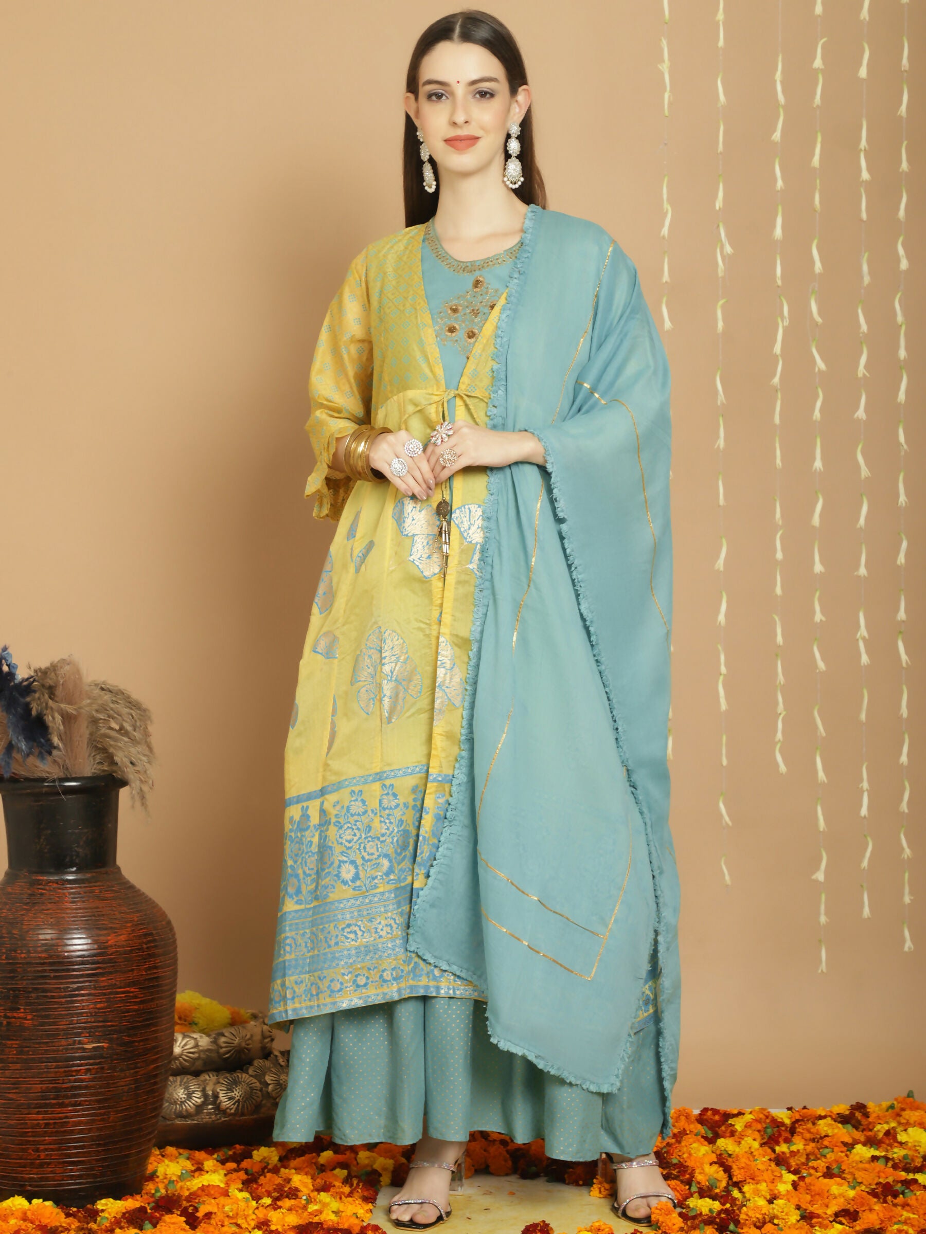 Jyoti Fashion Women's Yellow Chanderi Silk Elegant Jardoshi Kurta with Trouser & Dupatta - Distacart